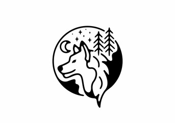Black line art illustration of wild wolf in circle shape