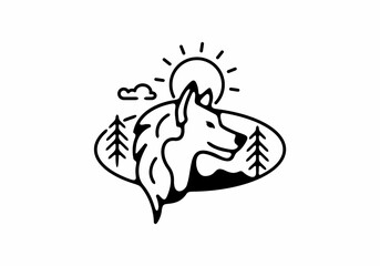 Black line art illustration of wild wolf in oval shape