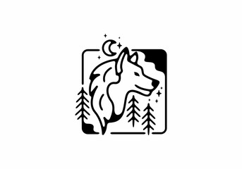 Black line art illustration of wild wolf in square shape