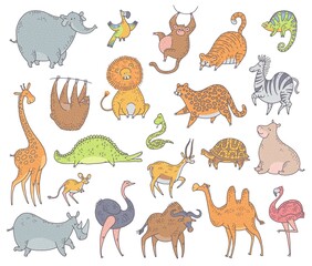 Cute set african and asian animals. Vector cartoon doodle safari characters illustration on white background.