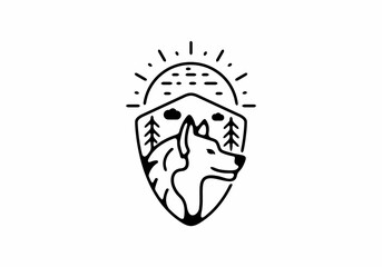 Black line art illustration of wild wolf in shield shape