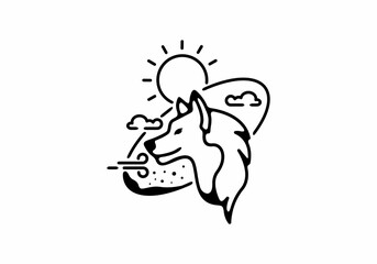Black line art illustration of wild wolf in tilted oval shape