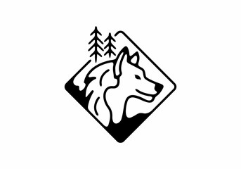 Black line art illustration of wild wolf in tilted square shape