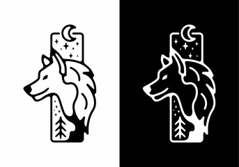 Black line art illustration of wild wolf in stand rectangle shape