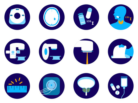 A vector set of radiotherapy icons in a flat style, isolated on a white background.