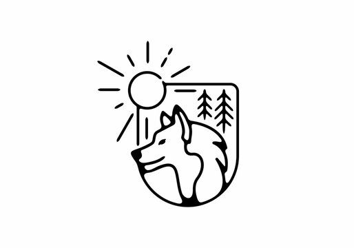 Black line art illustration of wild wolf in half oval shape