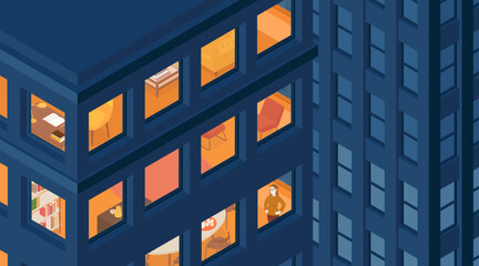 View of the apartment building and the city. Residential building, housing. Woman. Isometric cityscape, city view, city skyline. Vector illustration in flat design.

