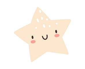 Cute sticker of white star with happy face on white background.