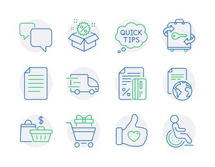 Business icons set. Included icon as Shopping trolley, Sale bags, Translation service signs. Luggage, Credit card, Truck delivery symbols. Speech bubble, File, Like hand. Quick tips, Sale. Vector