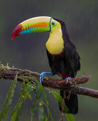 Portrait of Keel-billed Toucan (Ramphastos sulfuratus) in the rain perched on a mossy branch in the...