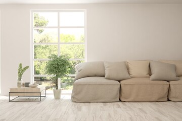 Minimalist living room in white color with sofa and summer landscape in window. Scandinavian interior design. 3D illustration