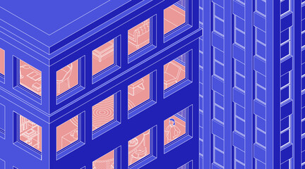 View of the apartment building and the city. Residential building, housing, hotel. Isometric cityscape, city view, city skyline. Vector illustration in flat design. Outlined, linear style, line art.
