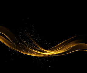 Golden abstract transparent light effect on black background, gold glitters and light lines in golden color. Abstract background