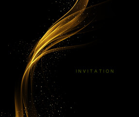 Fototapeta premium Golden abstract transparent light effect on black background, gold glitters and light lines in golden color. Abstract background