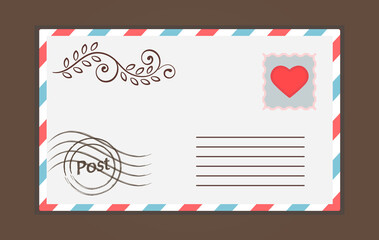 Cute white sealed envelope with heart stamp and drawing on brown background