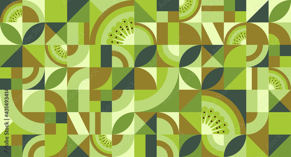 Wall mural abstract geometric background with kiwi fruit in bauhaus style. texture with simple repeating shapes