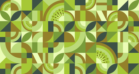 Abstract geometric background with kiwi fruit in Bauhaus style. Texture with simple repeating shapes, mosaic retro wallpaper. Seamless pattern. Vector illustration - obrazy, fototapety, plakaty
