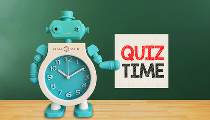 Quiz time concept, robot shaped alarm clock with note paper on chalkboard