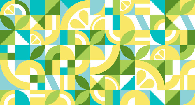 Geometric abstract texture in Bauhaus style with lemon. Seamless repeating pattern with simple shapes, mosaic of squares and triangles. Vector retro illustration for background, wallpaper