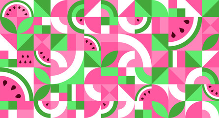 Seamless geometric pattern with watermelon in Bauhaus style. Texture of simple repeating shapes, mosaic of squares and triangles. Vector illustration for background, wallpaper
