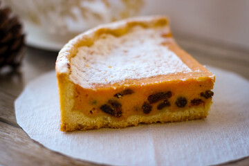 A piece of sweet pie made of cottage cheese and pumpkin, sprinkled on top with powdered sugar