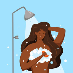 Young African American woman taking shower cartoon vector illustration.