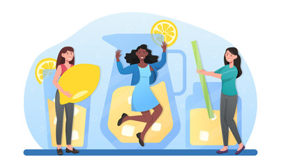 Happy female characters are drinking fresh lemonade together