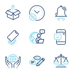 Business icons set. Included icon as Clock bell, Send box, Keywords signs. Smartphone broken, Loan percent, Smile symbols. Organic tested, Justice scales line icons. Alarm, Delivery package. Vector