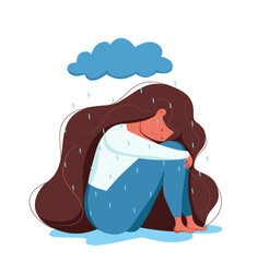 Depressed sad lonely woman in anxiety, sorrow vector cartoon illustration.