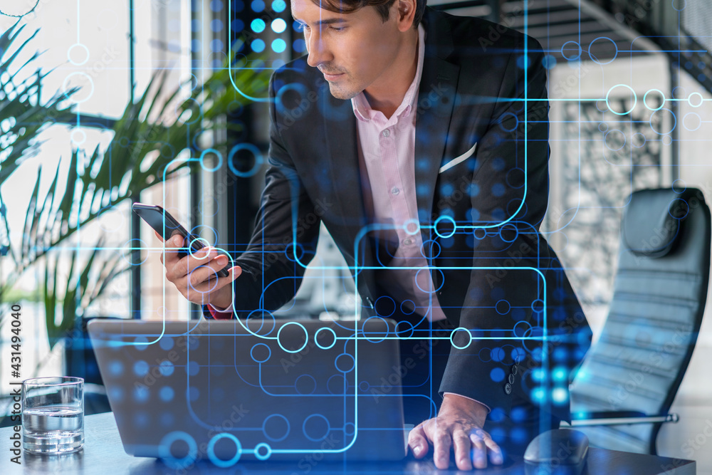 Poster businessman in suit using smart phone to optimize development by implying new technologies in busine