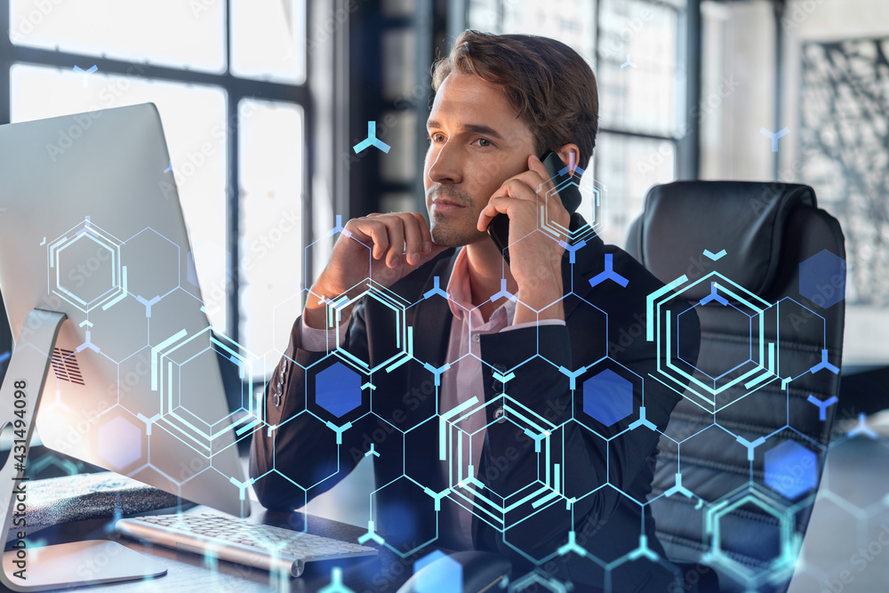 Poster businessman in suit has conference call to optimize development by implying new technologies in busi