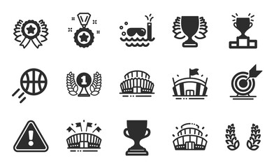 Winner podium, Sports arena and Laurel wreath icons simple set. Winner ribbon, Target goal and Arena stadium signs. Award cup, Laureate award and Basketball symbols. Flat icons set. Vector