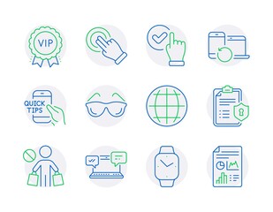 Business icons set. Included icon as Recovery devices, Internet chat, Privacy policy signs. Vip award, Education, Touchscreen gesture symbols. Checkbox, Stop shopping, Smartwatch. Globe. Vector