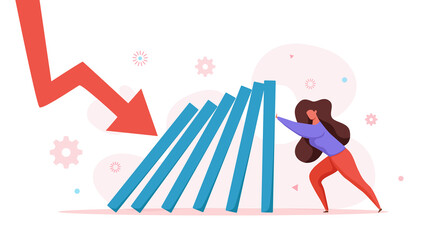 Domino effect of businessman pushing hard against falling domino vector illustration