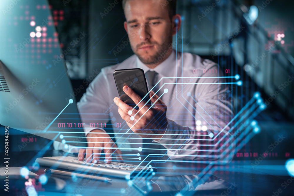 Poster businessman in casual wear using smart phone to optimize development by implying new technologies in