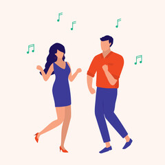 Young Couple Dancing Together With Music. Clubbing. Dancing Party. Full Length. Flat Design.