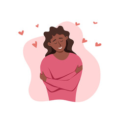 Love yourself African American woman hugging herself with enjoying emotions vector illustration.