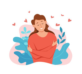 Love yourself woman hugging herself with enjoying emotions vector illustration.