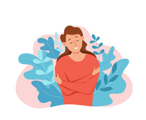Love yourself woman hugging herself with enjoying emotions vector illustration.