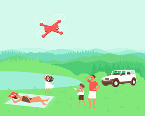 Obraz na płótnie Canvas The family is resting in nature in solitude. Travelling by car. Dad and son are launching a quadcopter. Mom is sunbathing. Flat vector illustration.