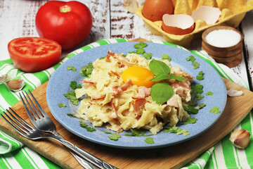 A plate with traditional pasta carbonara