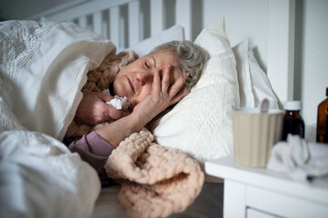 Sick senior woman sleeping in bed at home, cold and flu concept.