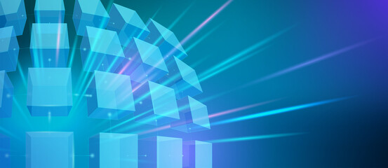 Fototapeta premium Abstract futuristic neon illustration with 3D cubes and rays on a blue background. Vector wallpaper for digital technology concept design