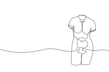 One continuous line drawing of antique statue. One line hand drawn sculpture of female body without hands. Vector illustration.