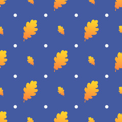 Seamless blue background with orange leaves. Vector illustration. Beautiful bright pattern. Oak leaves and white dots. Child pattern.