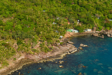 Obraz premium Aerial veiw of bay at sunset, turquoise sea, Phu Quoc Island, Vietnam.
