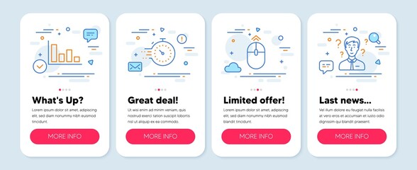 Set of Science icons, such as Timer, Histogram, Swipe up symbols. Mobile app mockup banners. Support consultant line icons. Deadline management, Economic trend, Scrolling page. Question mark. Vector