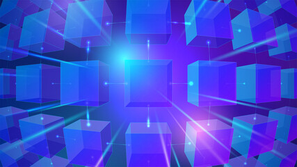 Wallpaper with realistic 3D cubes and neon glowing lines. Hi-tech futuristic abstract blue background with square shapes. Vector illustration for digital technology concept design