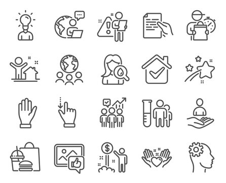 People icons set. Included icon as Medical analyzes, Hand, Recruitment signs. Hold document, Moisturizing cream, Hold heart symbols. Education, New house, Like photo. Engineering. Vector