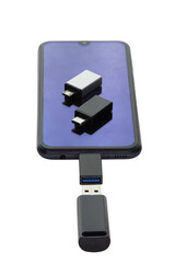 Phone on a white background data transfer via a universal USB flash drive adapter